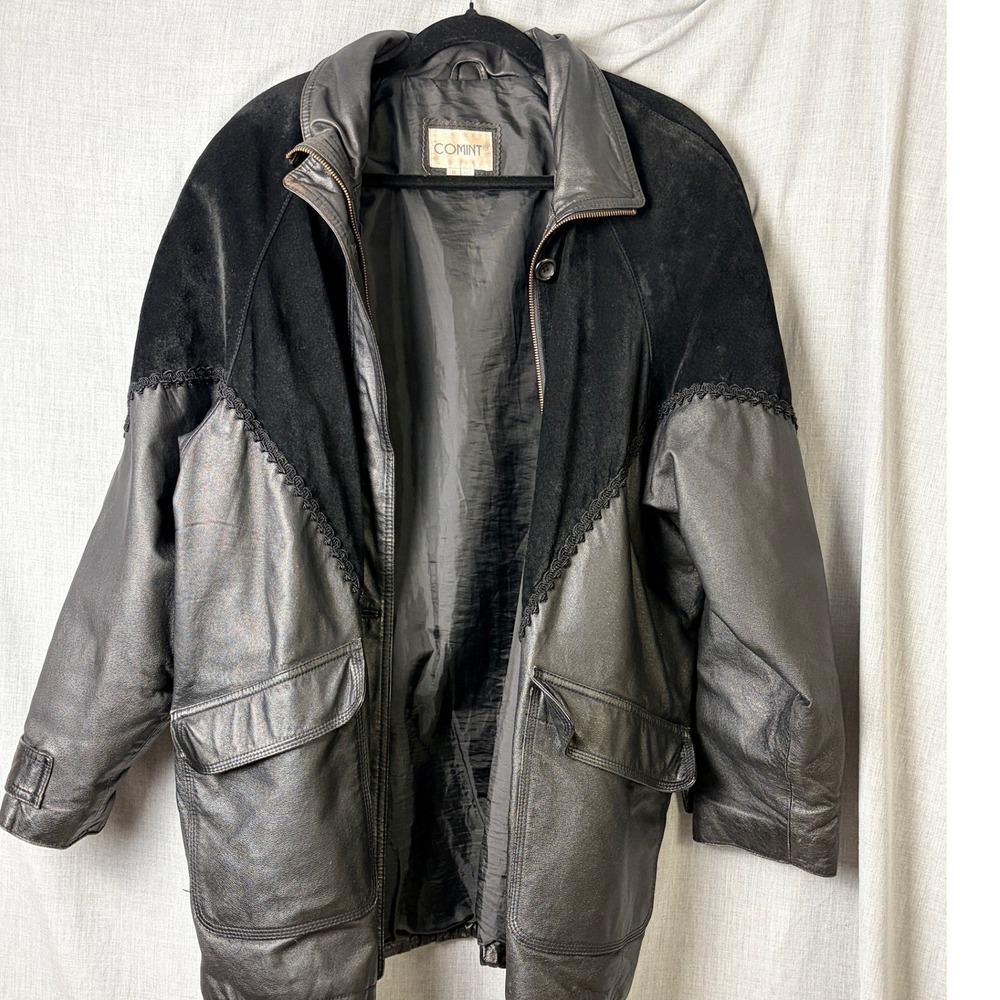 Vintage‎ Comint Mixed Leather Suede Coat 1X Oversized Drawstring